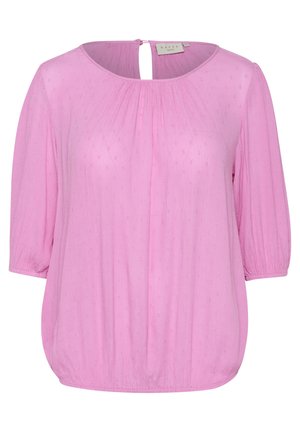 Blusa rosa con scollatura rotonda e maniche a tre quarti. Tessuto texturizzato con motivi sottili. Dettaglio a occhiello sulla parte posteriore della scollatura.