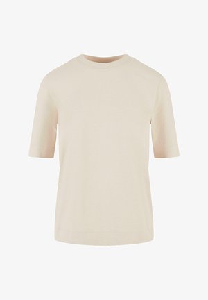 Kremowa koszulka z krótkim rękawem z lekkiej bawełny, z okrągłym dekoltem i prostym wykończeniem, o gładkiej fakturze i prostym wzorze.