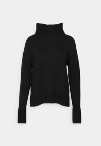 Black knitted pullover with a high, rolled turtleneck and ribbed cuffs. Features a loose fit and a straight hem. Soft texture overall.