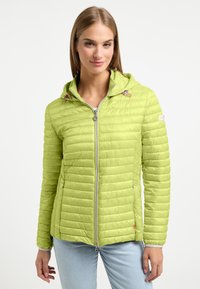 Lime green padded jacket with a hood, featuring a zippered front, elastic cuffs, and decorative hardware accents. Textured, lightweight fabric.