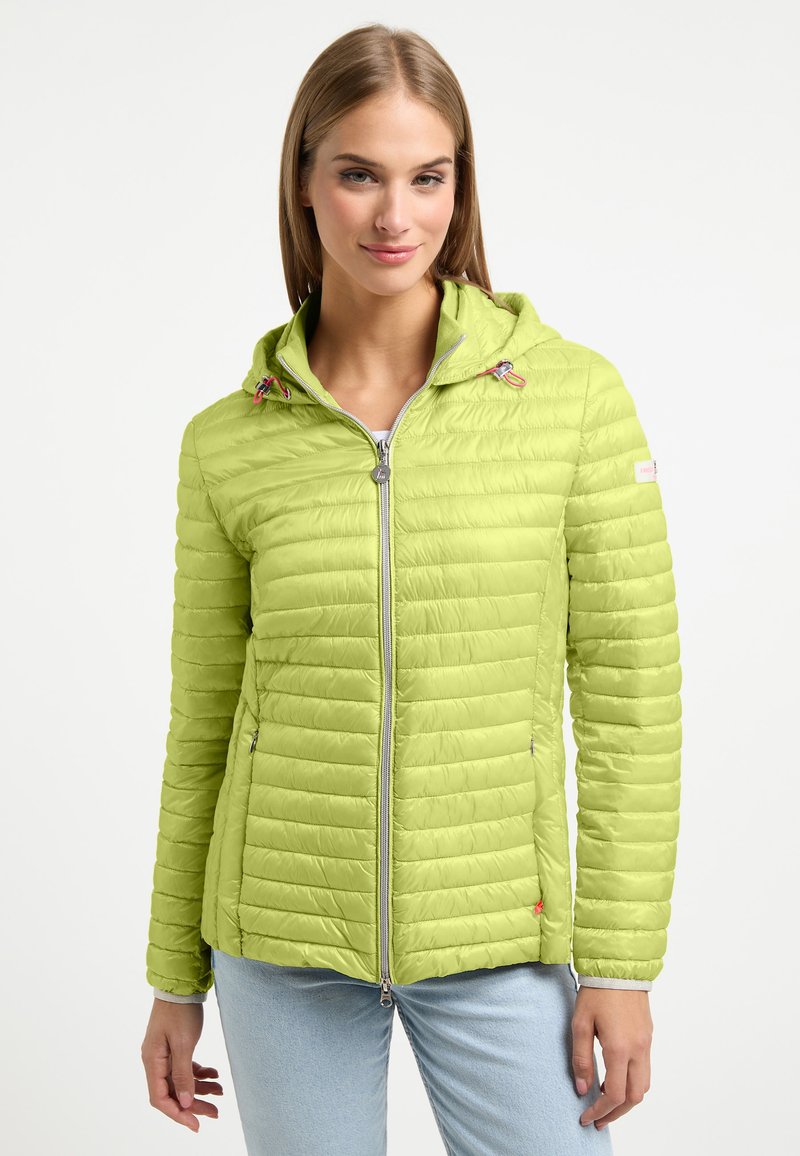 Lime green padded jacket with a hood, featuring a zippered front, elastic cuffs, and decorative hardware accents. Textured, lightweight fabric.