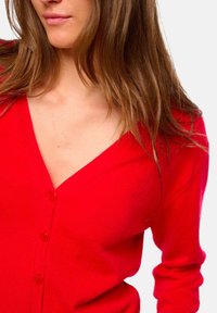 Frau mit langen braunen Haaren, die einen roten V-Ausschnitt-Knopf-Cardigan über einem weißen Hintergrund trägt.