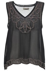 Haut noir transparent sans manches, présentant un travail de perles complexe le long de l'encolure et de l'ourlet, avec un col en V et une coupe ample et fluide.