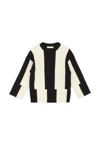 Maglione a righe bianco e nero con taglio boxy, caratterizzato da motivi a blocchi in contrasto e colletto rotondo. Maniche lunghe con polsini ampi.