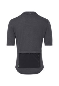 Maillot de cyclisme gris foncé à manches courtes avec une poche zippée noire à l'arrière et un petit logo sous le col au dos.