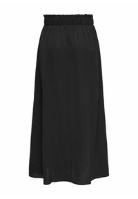 Jupe midi noire avec taille élastique froncée et silhouette décontractée légèrement évasée.