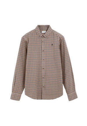 Camisa de manga larga con un patrón a cuadros marrón y azul, diseño abotonado, cuello y un pequeño logo en el pecho.