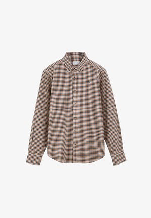 Camisa de manga larga con un patrón a cuadros marrón y azul, diseño abotonado, cuello y un pequeño logo en el pecho.