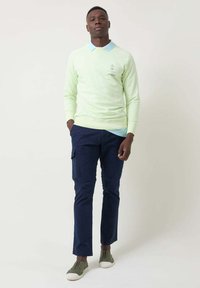 Suéter verde claro con un cuello azul, acentos beige, pantalones cargo azul marino y zapatillas gris-verde. El suéter presenta un logo en el pecho.