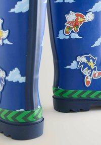 Modré deštník s zeleným chevron vzorem a samolepkami postav Sonic the Hedgehog a Knuckles na zataženém pozadí.