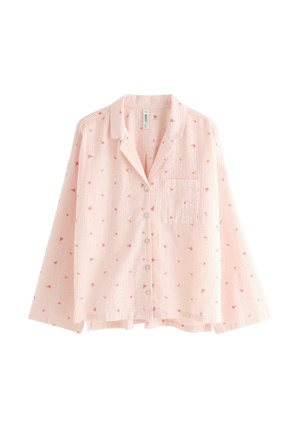 Lyserød, langærmet skjorte med knapper, små røde blomsterprint, brystlomme og afslappet krave.