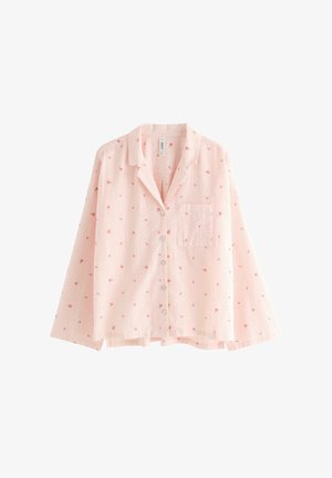 Lyserød, langærmet skjorte med knapper, små røde blomsterprint, brystlomme og afslappet krave.