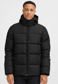 Black puffer jacket featuring a front zipper, hood, and horizontal quilted design. Made with a smooth, insulated material for warmth.