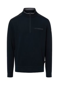 Granatowy sweter z półzamknięciem na zamek błyskawiczny, teksturowaną tkaniną i kieszenią na piersi z eleganckim czarnym akcentem. Długie rękawy i ściągacze przy mankietach.