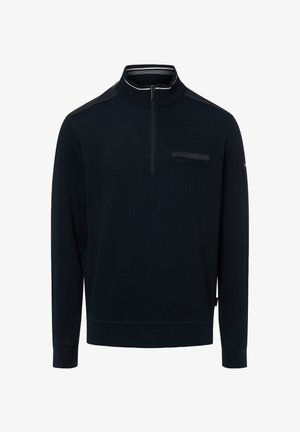 Granatowy sweter z półzamknięciem na zamek błyskawiczny, teksturowaną tkaniną i kieszenią na piersi z eleganckim czarnym akcentem. Długie rękawy i ściągacze przy mankietach.