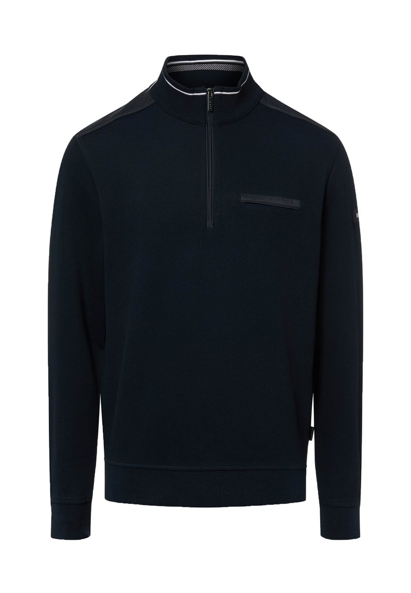 Granatowy sweter z półzamknięciem na zamek błyskawiczny, teksturowaną tkaniną i kieszenią na piersi z eleganckim czarnym akcentem. Długie rękawy i ściągacze przy mankietach.