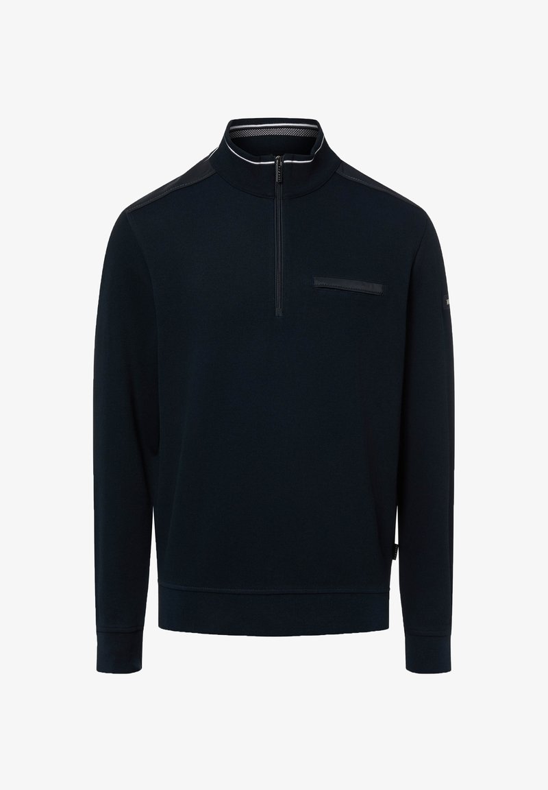 Granatowy sweter z półzamknięciem na zamek błyskawiczny, teksturowaną tkaniną i kieszenią na piersi z eleganckim czarnym akcentem. Długie rękawy i ściągacze przy mankietach.