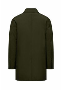 Olijfgroen winterjas, lang met een rechte snit, gestructureerde kraag en zijopeningen; soepele stof met minimale details.