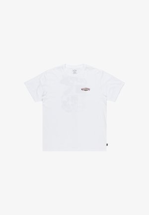 White cotton t-shirt featuring a chest graphic with red text and green accents, short sleeves, and a straight cut design.