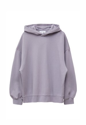 Hellblau übergroßer Hoodie aus Baumwollmischung, mit einer vorderen Kängurutasche und gerippten Bündchen und Saum. Weiche Textur und lockere Passform.