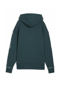 Sudadera con capucha en mezcla de algodón de color teal oscuro. Presenta un ajuste relajado, bolsillos de parche en las mangas y detalles de dobladillo desgastado.