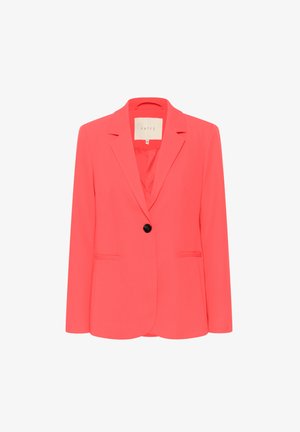 Blazer corail au design structuré, avec des revers crantés, une fermeture à un bouton et deux poches latérales. Texture douce et coupe ajustée.