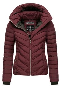 Burgundy puffer jacket with chevron stitching, featuring a high collar, zip closure, and contrast cuffs. Brand label visible inside.