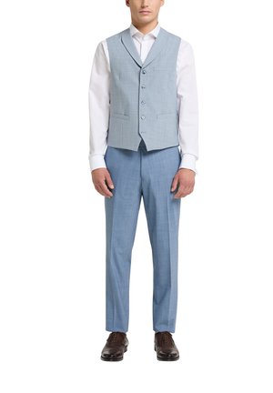 Blue checkered suit vest with five buttons, paired with light blue trousers. White dress shirt visible underneath. Brown shoes complete the outfit.