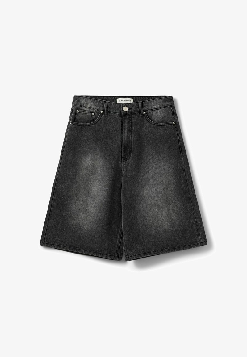Μαύρα denim σορτς με κουμπί μπροστά, θηλιές για ζώνη και σχεδιασμό με πέντε τσέπες, που δείχνουν ελαφρώς ξεθωριασμένη υφή στο ύφασμα.