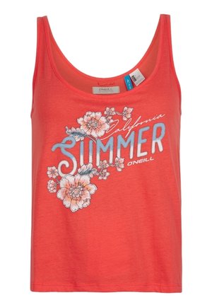 Korallenfarbener ärmelloser Tanktop mit dem Text "California Summer", floralem Design und O'Neill-Logo auf der Vorderseite.