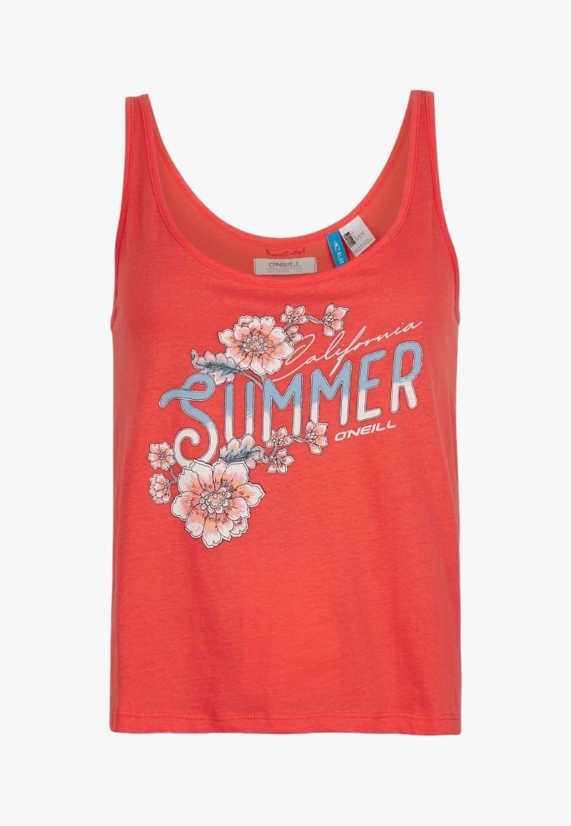 Koronkowa, bezrękawnikowa bluzka w kolorze koralowym z napisem "California Summer", kwiatowym wzorem i logo O'Neill z przodu.