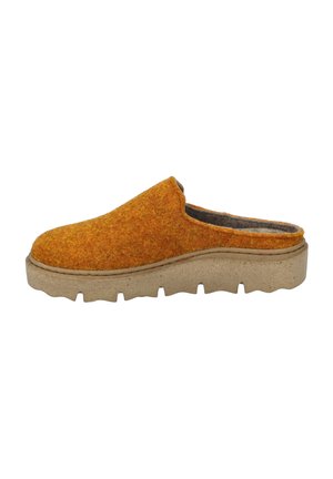 Orange felt slip-on shoe with a rounded toe, grey inner lining, and a thick, textured beige sole featuring a wave pattern.