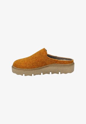Orange felt slip-on shoe with a rounded toe, grey inner lining, and a thick, textured beige sole featuring a wave pattern.