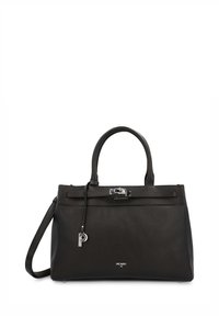 Sac à main en cuir noir avec une finition texturée, double poignées, bandoulière amovible, ferrures argentées et un détail en forme de clé.