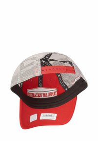Rote und schwarze Trucker-Kappe mit Netzseiten, gebogenem Schirm und "Tampa Bay Buccaneers" eingestickt innen. Verfügt über eine verstellbare Snapback-Verschluss.