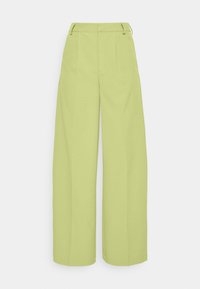 Široké kalhoty ze světlezelené látky s hladkým povrchem, vybavené sklady a poutky na opasek. Jednoduchý, střihově definovaný design bez vzorů.