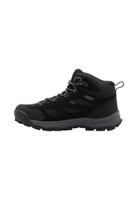 Scarpe da trekking nere con collo alto, dotate di pannelli in rete, una superficie testurizzata, suola grigia a contrasto e lacci resistenti. Design leggero.