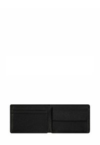 Zwarte leren bifold portemonnee met kaartslots aan de linkerkant en een muntenvak met klep aan de rechterkant.
