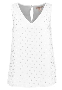 Top sans manches blanc avec un décolleté en V et un dos en trou de serrure, orné de petits motifs de points argentés sur tout le tissu.