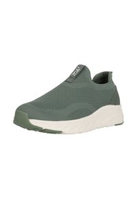 Green mesh slip-on shoe with a textured upper, rounded toe, and white rubber outsole featuring a wave pattern. No visible laces or hardware.