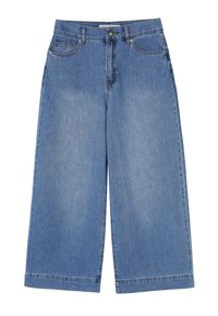 Light blue denim culottes with a high waist, wide legs, and contrasting stitching. Features front pockets and a button closure.
