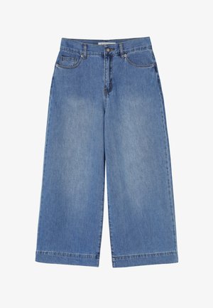 Light blue denim culottes with a high waist, wide legs, and contrasting stitching. Features front pockets and a button closure.