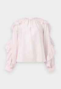 Blusa rosa con maniche a volant e scollo arr Gathered. Realizzata in tessuto leggero, ha polsini elasticizzati e un fit rilassato.