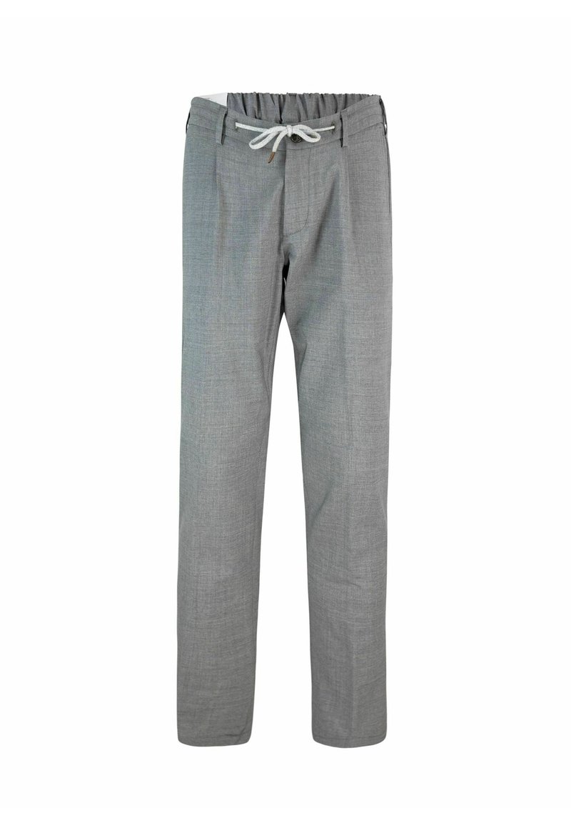 Pantaloni in tessuto leggero grigio con cintura a cordoncino e due tasche laterali. Design a gamba dritta, texture liscia e motivo sottile.