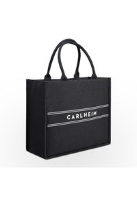 Black tote bag made of durable fabric. Features two sturdy handles and a white "CARLHEIM" logo with two horizontal stripes. Rectangular shape.