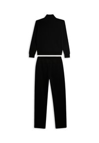 Conjunto de ocio negro que incluye una chaqueta con cremallera y cuello alto, y pantalones a juego con cintura elástica, confeccionado con un material suave.