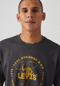 Šedé bavlněné tričko s grafickým designem ve zlaté barvě, který obsahuje motiv lasa a text "LEVI'S". Kulatý výstřih a krátké rukávy.