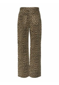 Leren broek met luipaardprint in beige en bruin, met een zachte textuur en twee achterzakken. Plat tailleband zonder zichtbare sluiting.