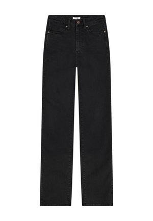 Jean noir taille haute à jambes droites avec poches avant, fermeture à boutons et passants pour ceinture, posé à plat sur un fond blanc.