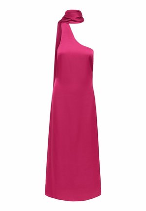 Fuchsia satijnen avondjurk met één schouder, hoge hals en lange aangehechte sjaaldetail op de linker schouder, tot op de vloer.